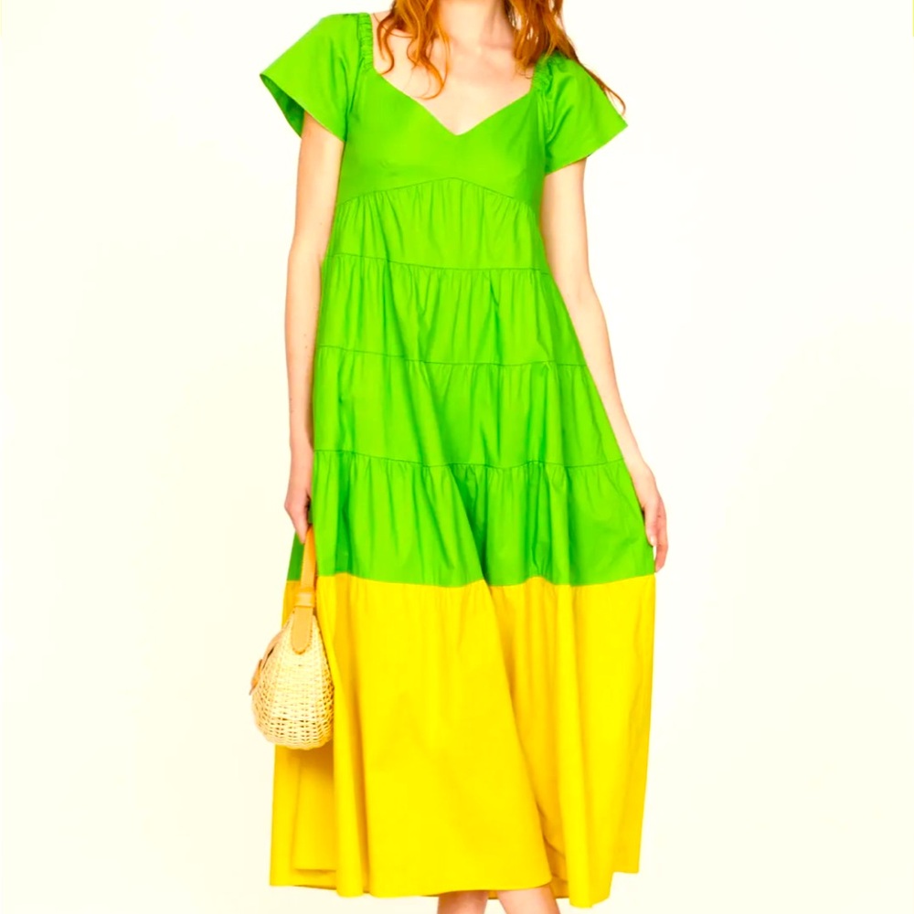 Donna Morgan Green and Yellow  Color-block Tiered Maxi Dress with back zipper